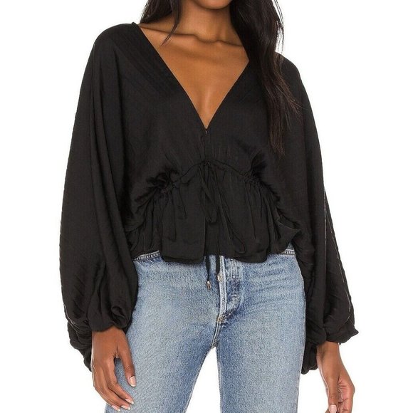 Free People Elouise Black Satin Long Sleeve Blouse Oversized Boho V-Neck Top XS - Picture 3 of 13